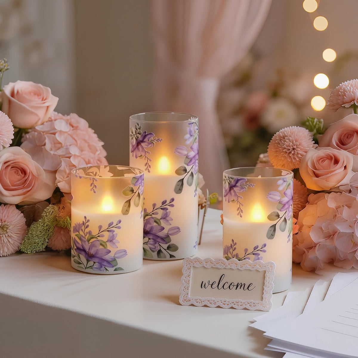 Pack of 3 Flameless Daily Timer Flickering Real Wax Pillar Candles, 3" x 4" 5" 6" LED Battery Operated Purple Flowers Glass Warm Light with Remote Control