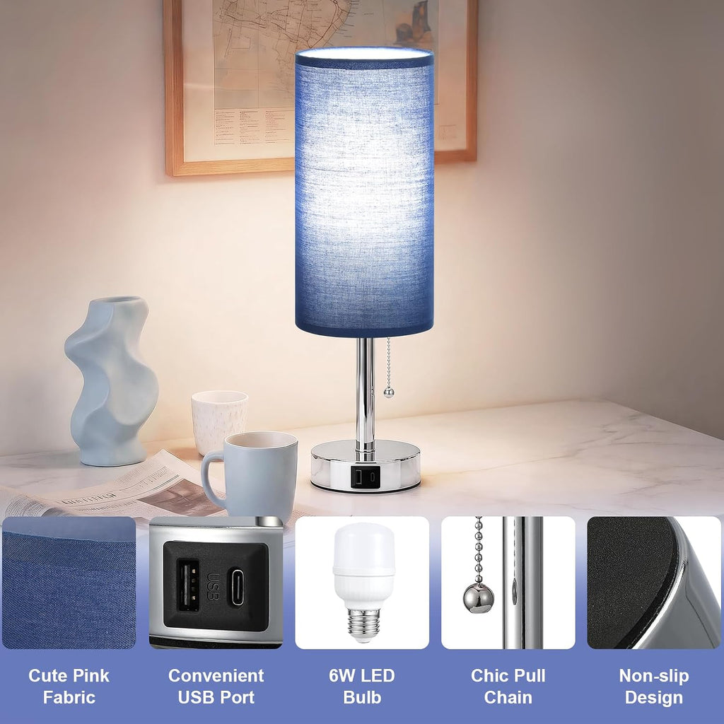 Blue Bedside Table Lamp for Bedroom - Small Nightstand Lamp for Girls