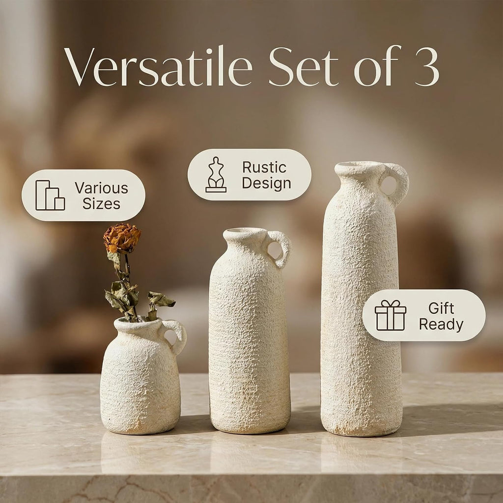 Ceramic Vases Set of 3, White Neutral Rustic Farmhouse Pottery Vase