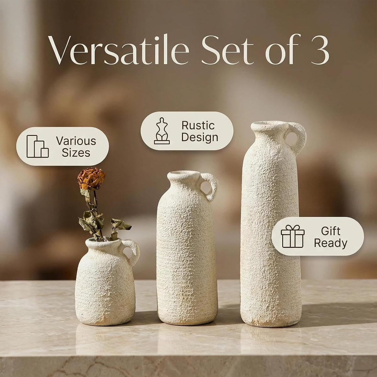 Ceramic Vases Set of 3, White Neutral Rustic Farmhouse Pottery Vase