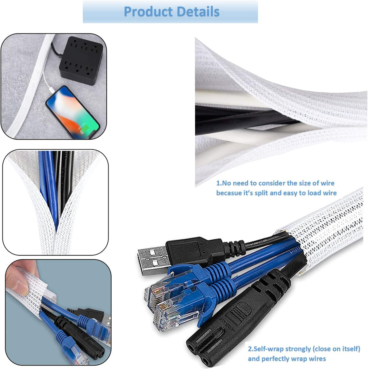 10ft - 1/2 inch Diameter Cord Protector, Hibucuo Cable Management Sleeve Wire Loom Tubing Cable Sleeve Split Sleeving for USB Cable Power Cord Audio Video Cable,TV Computer Office Home Entertainment