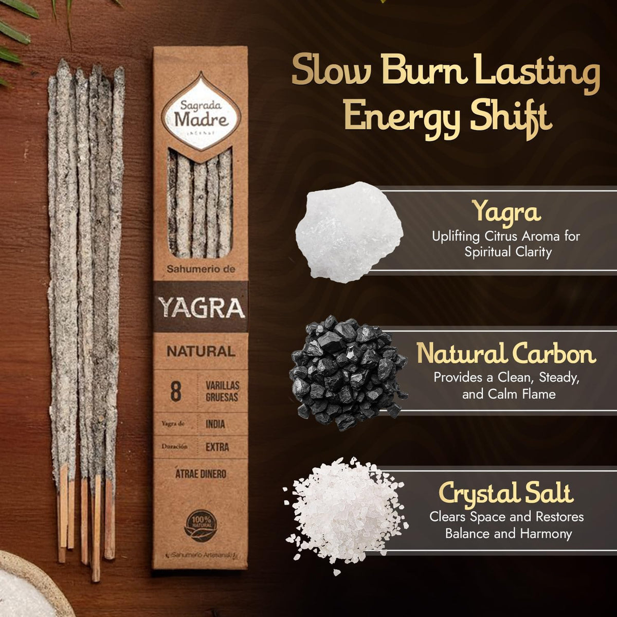 Sagrada Madre Natural Yagra Incense, 8 Sticks, 9-Inch Long