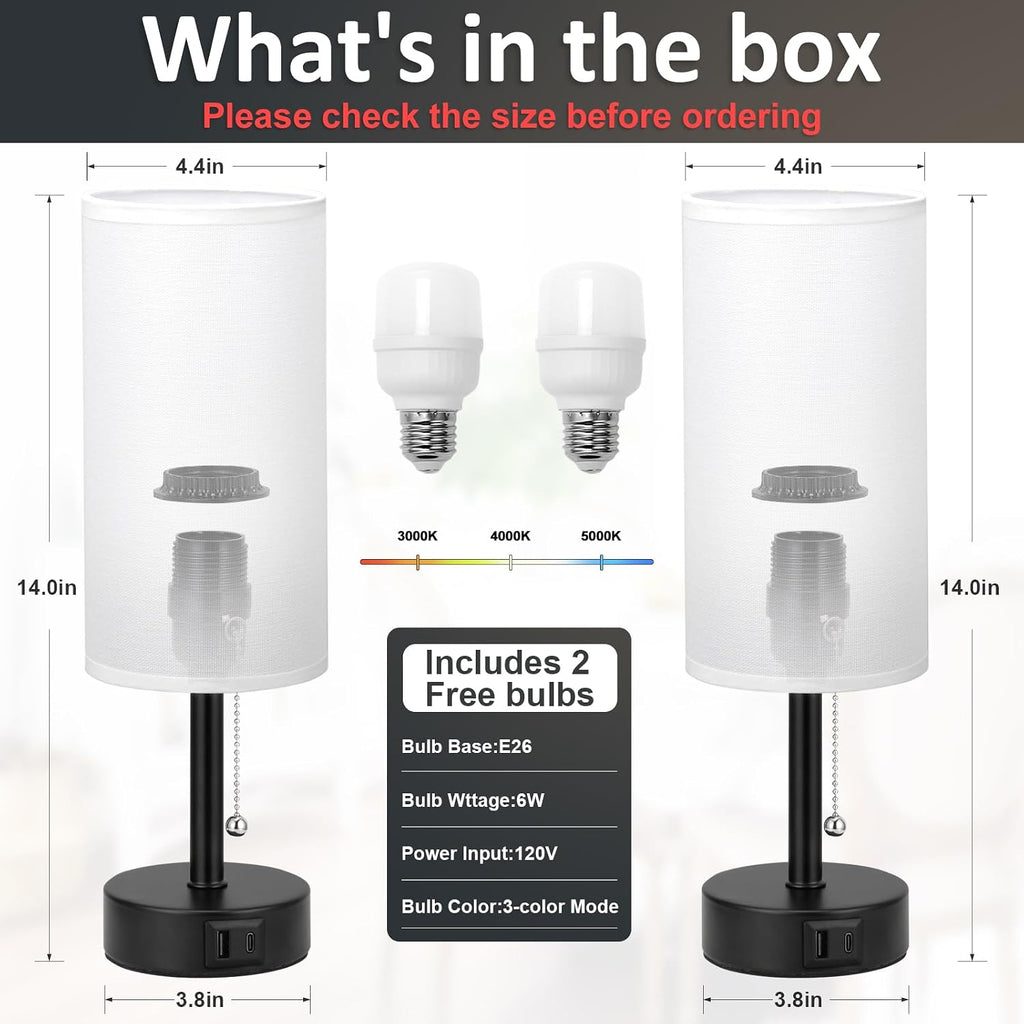Fenmzee White Bedside Table Lamps Set of 2 - Bedroom Lamp for Desk, USB C+A