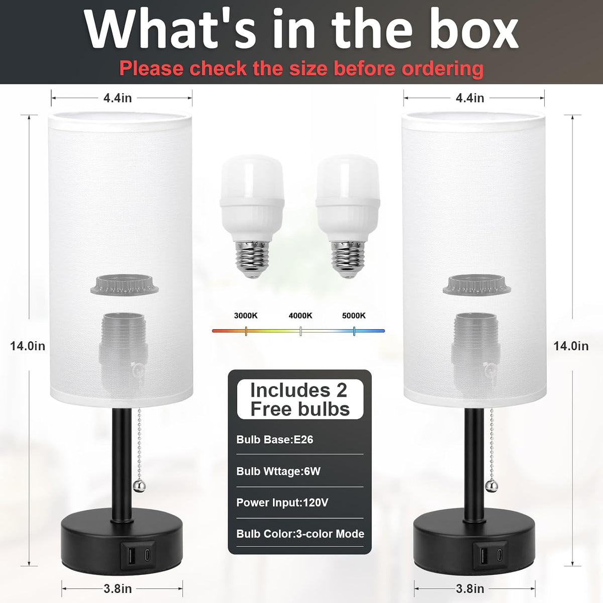 Fenmzee White Bedside Table Lamps Set of 2 - Bedroom Lamp for Desk, USB C+A