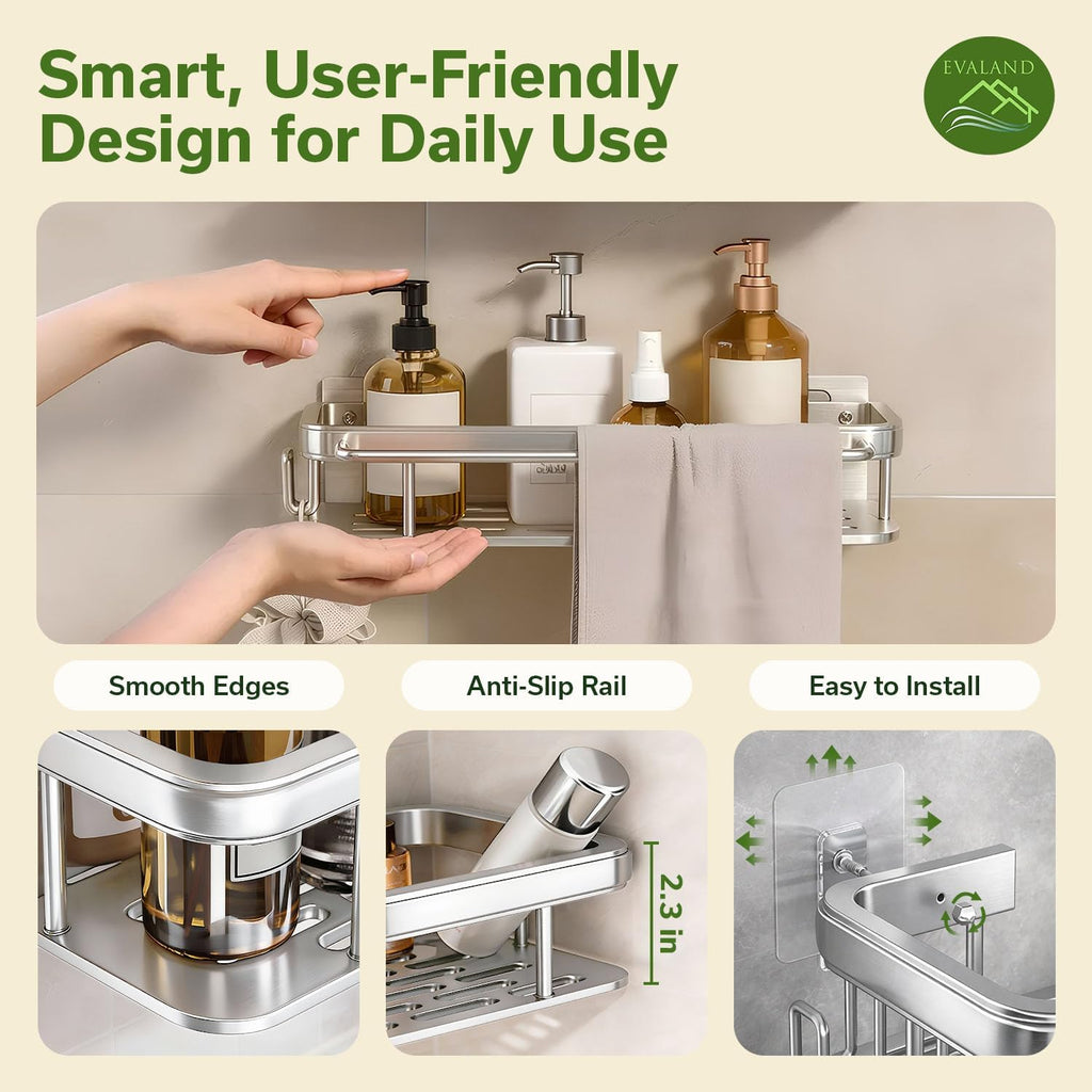 EVALAND Self Adhesive Shower Caddy Organizer 2-Pack No-Drill Storage