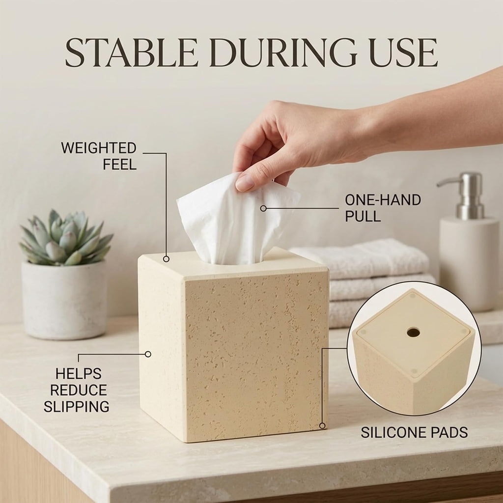 Beige Tissue Box Cover, Modern Square Decorative Tissue Box Holder with Travertine-Inspired Finish, Removable Magnetic Base Lid, Weighted Cover for Bathroom Countertop, Vanity, Office, Bedroom