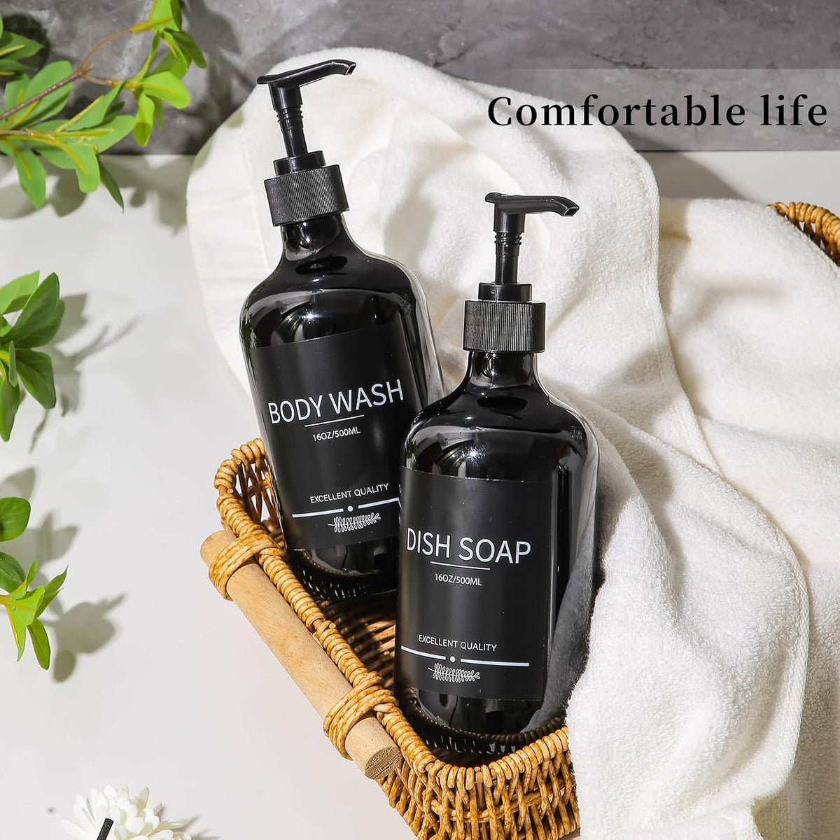 (5Pack) Black Shower Bottles Refillable with Labels, 16.9oz Reusable Shampoo and Conditioner Bottles,Shampoo Dispenser Bottles