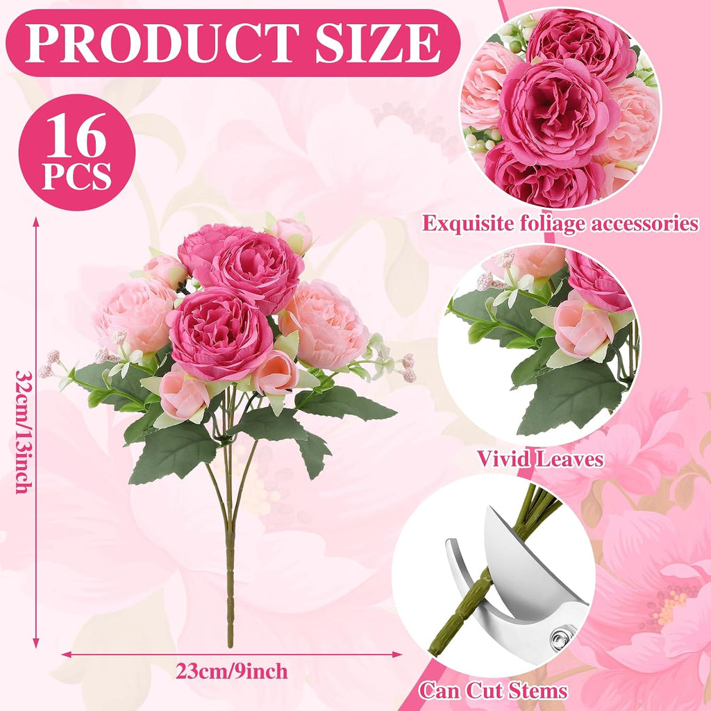 16 Pack Pink Hot Pink Peonies Artificial Flower Hydrangea Bouquet