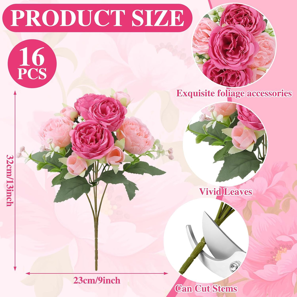 16 Pack Pink Hot Pink Peonies Artificial Flower Hydrangea Bouquet