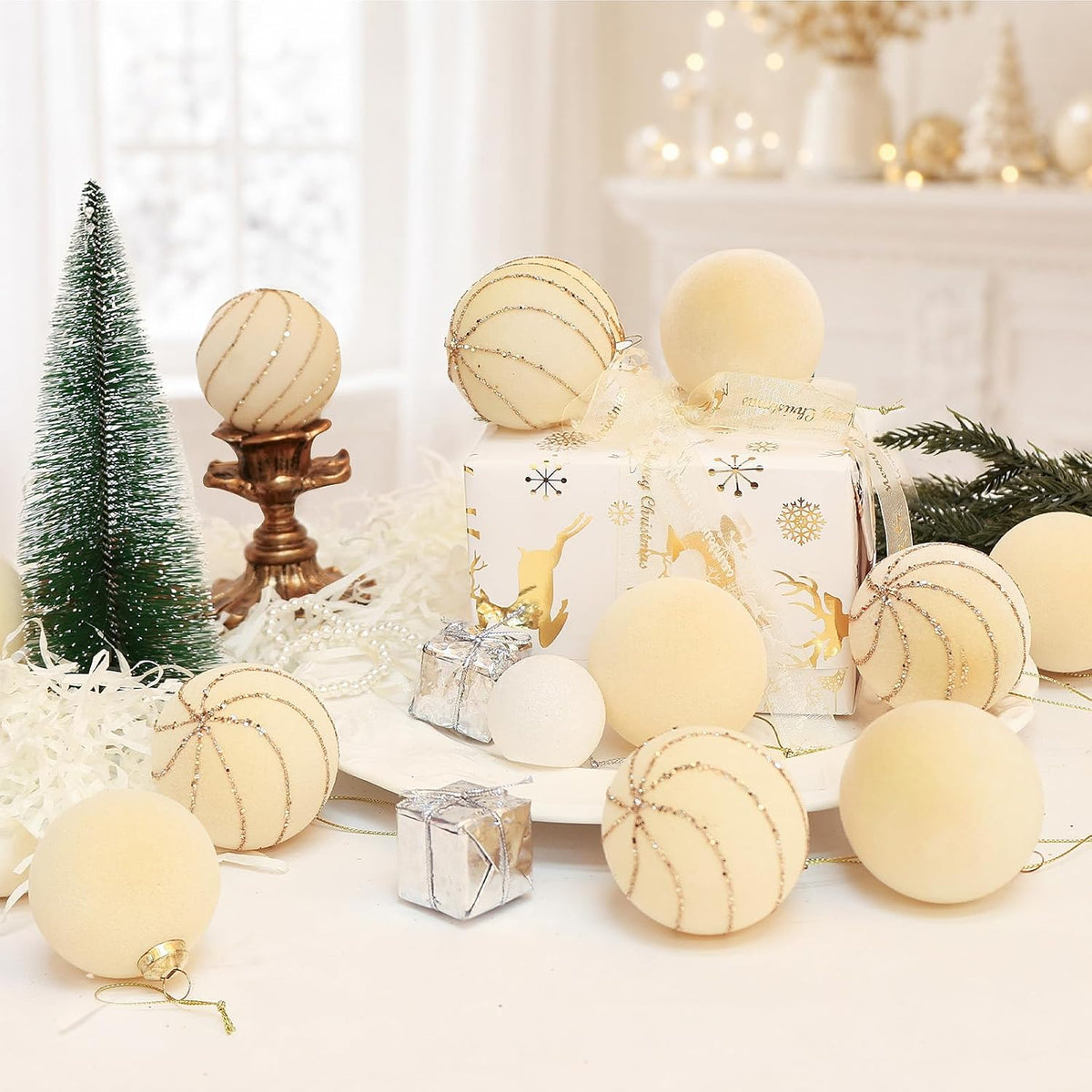 16 Pcs Beige Velvet Christmas Ball Ornaments, Flocked Tree Decorations