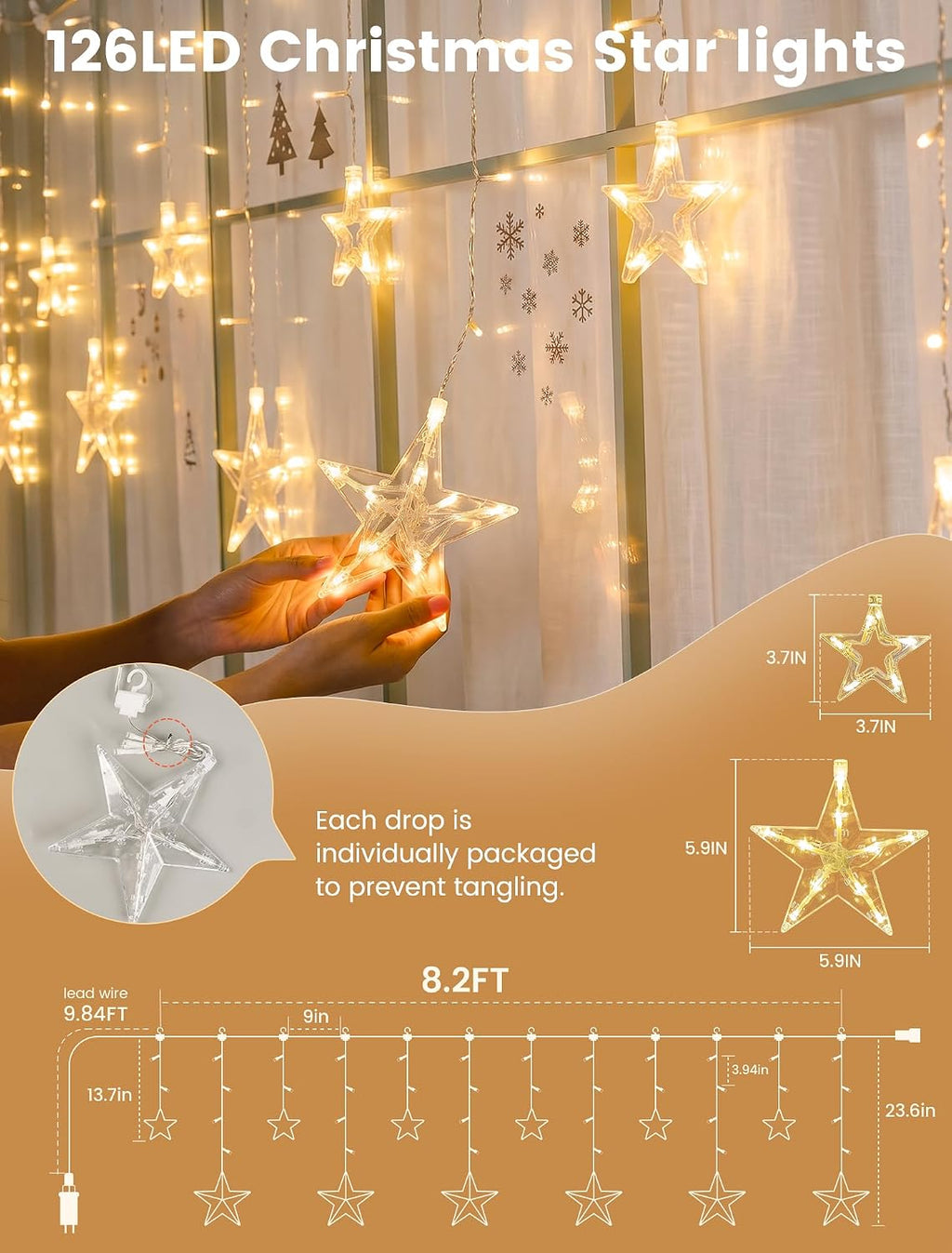 Star Icicle Lights,126 LED Christmas Curtain Lights,8.2FT
