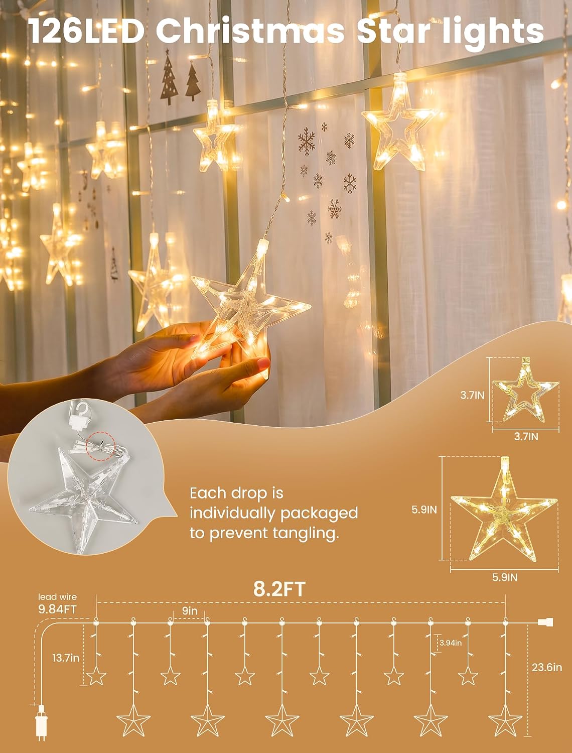 Star Icicle Lights,126 LED Christmas Curtain Lights,8.2FT