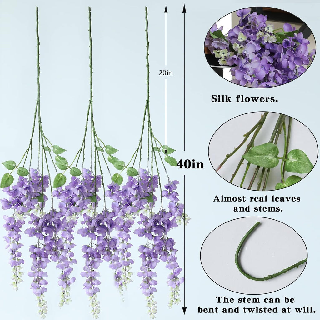 Dailisen 3 Strands 40'' Silk Purple Wisteria Artificial Flowers, Fake Wisteria Floral Hanging Plant Garland, for Home Decor, Party, Floor Vase, Balcony, Wedding Arrangement Decoration (Purple)