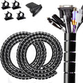 Large PC Cable Management Tube Sleeve Under Desk Wire Organizer for Cords 2 PCS Black, 1.1 inch -5 ft EZ Spiral Cable Wrap Cover Bundler w/Clips for TV Office, Pet Proof Cable Protector