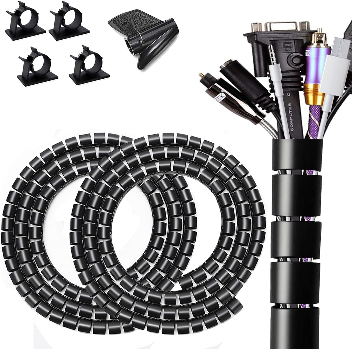 Large PC Cable Management Tube Sleeve Under Desk Wire Organizer for Cords 2 PCS Black, 1.1 inch -5 ft EZ Spiral Cable Wrap Cover Bundler w/Clips for TV Office, Pet Proof Cable Protector