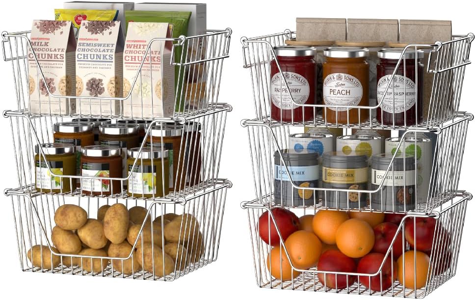 Slideep Stackable Storage Baskets Stainless Steel Cabinet Organizer Sturdy Metal Wire Pantry Freezer Bin for Pantry Home Bathroom Kitchen Organization 6 Packs