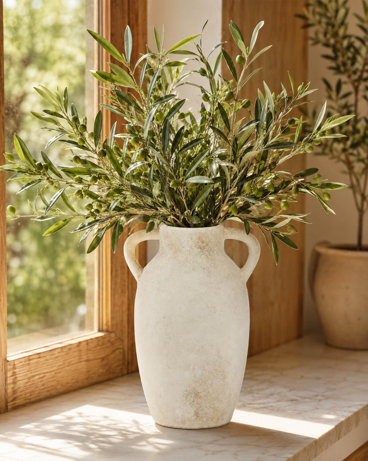 9.8 Inch Beige Ceramic Vase with Handles, Rustic Farmhouse Jug