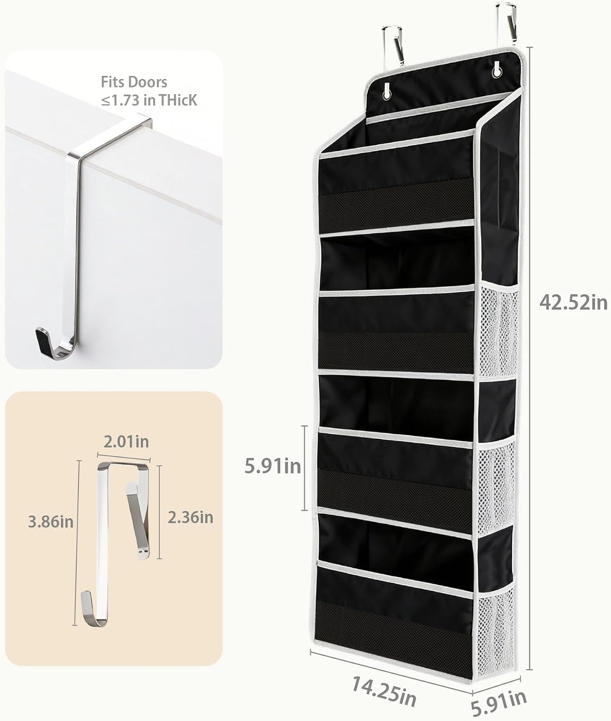 Over the Door Organizer, Door Storage Organizer with Large Capacity Pockets, Hanging Shelves for Bedroom, Closet, Dorm, Pantry (Black, 6-Tier)