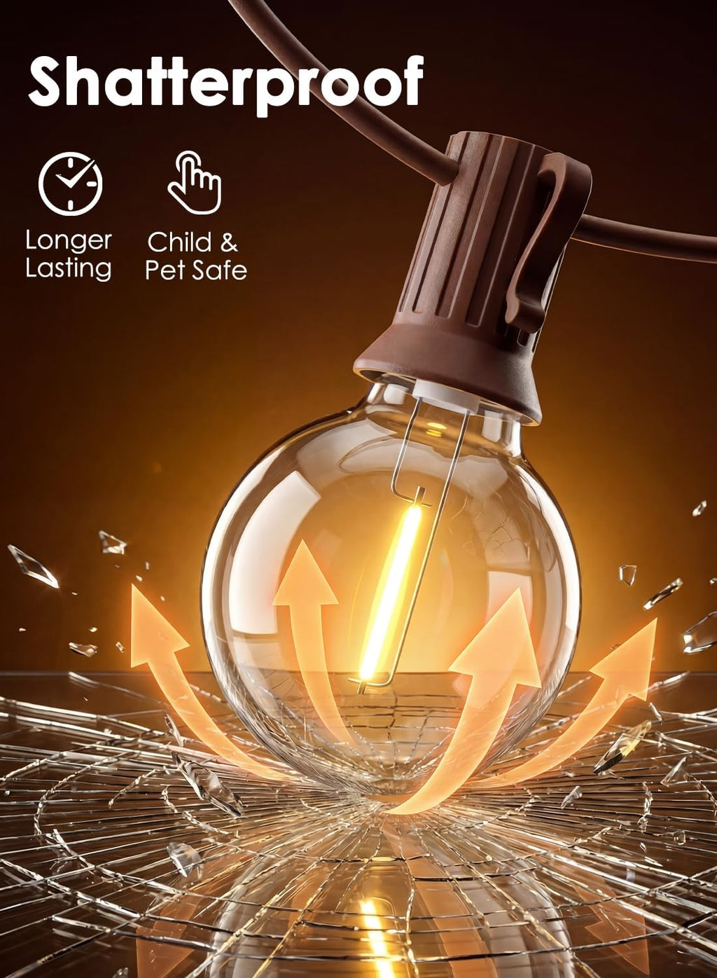 SUNSGNE 100FT Brown Outdoor String Lights, Shatterproof LED Globe String Lights with 50 G40 LED Bulbs, Waterproof Connectable Hanging Light for Backyard Patio Porch Balcony Party Decor, E12 Base