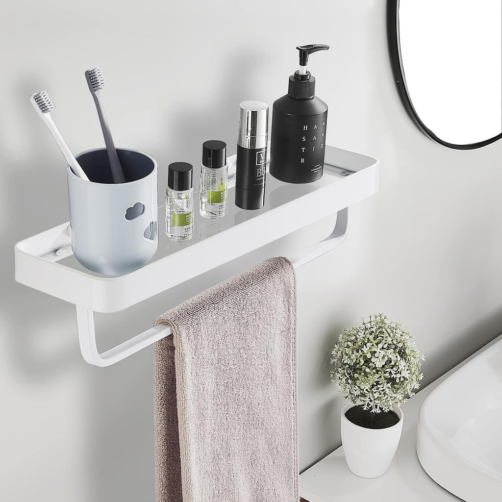 Bathroom Tempered Clear Glass Shelf with Towel Bar Wall Mounted 15.7 Inch Shower Organizer Modern Metal Kitchen Spice Decor Rack Over Toilet Storage Holder Rectangular Vanity White