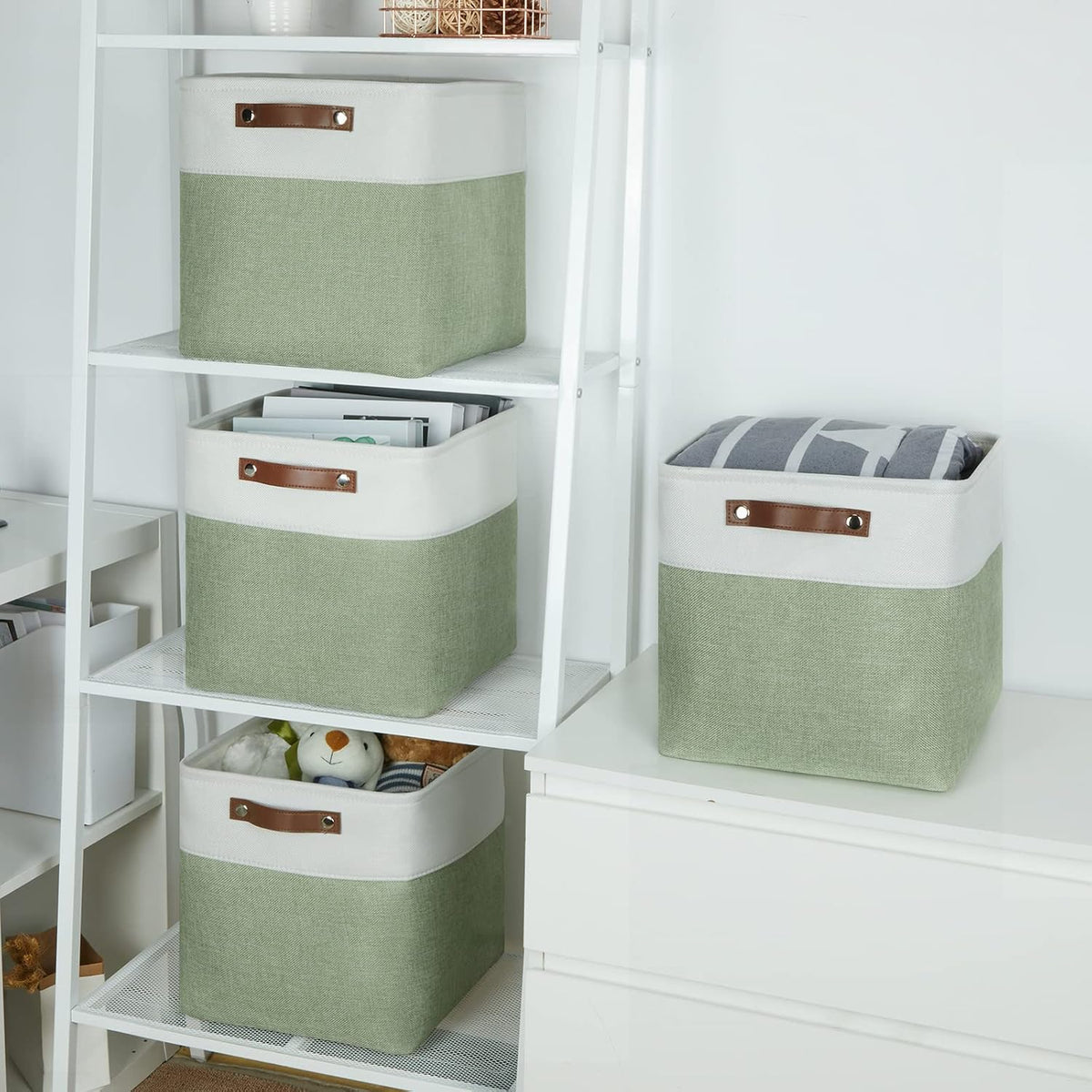 Temary Fabric Storage Bins for Organizing Clothes, Closet Baskets with Handles - Decorative Storage Boxes for Home (White & Green, 12 Inch, 4 Pack)