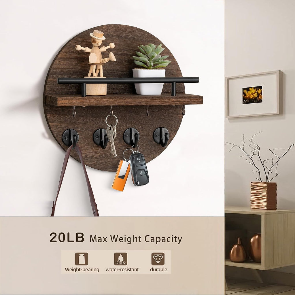 10.2" Key Holder Wall Mount with Shelf & Mail Organizer, 8 Hooks Brown