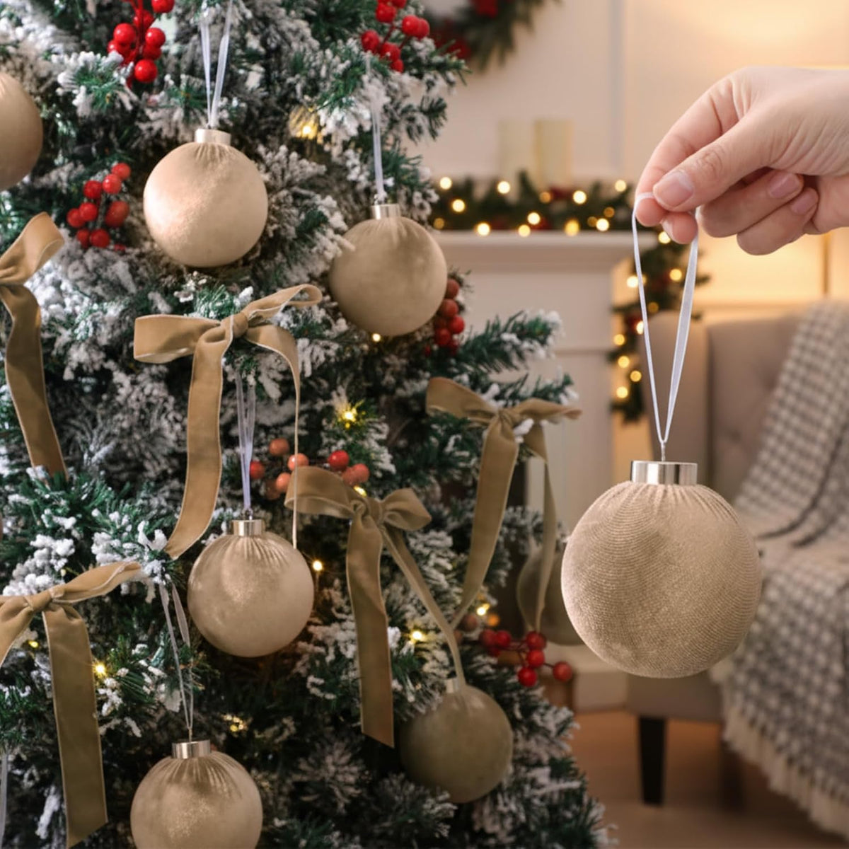 Wettarn 30 Sets Velvet Christmas Ornaments Balls & Bows, Khaki