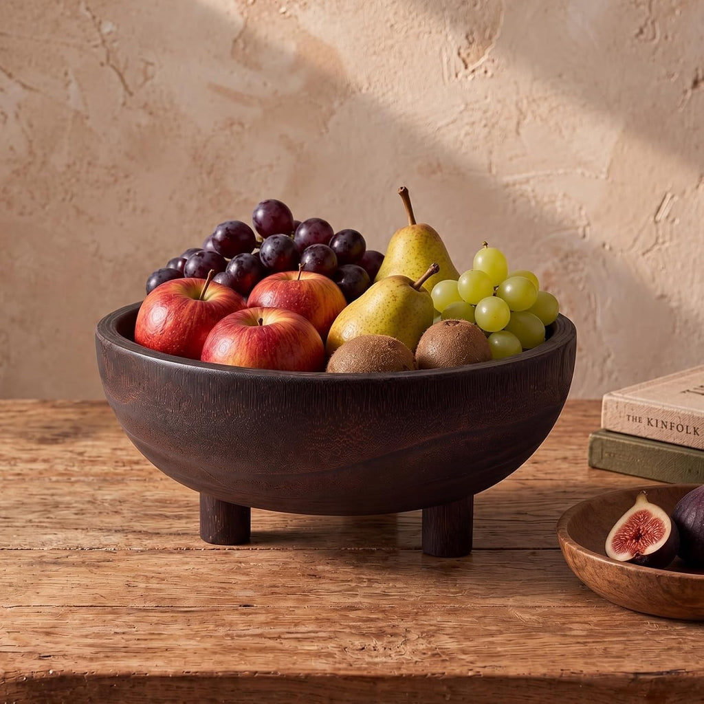 Brown Wooden Fruit Bowl with 4 Legs for Kitchen Counter