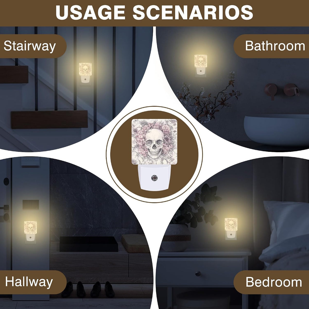 Skull with Pink Flowers Night Light, Plug-in Nightlight with Dusk to Dawn Auto Sensor for Home Bedroom Hallway Kitchen 0.5W Sleep Friendly Led Lamp for Women Men
