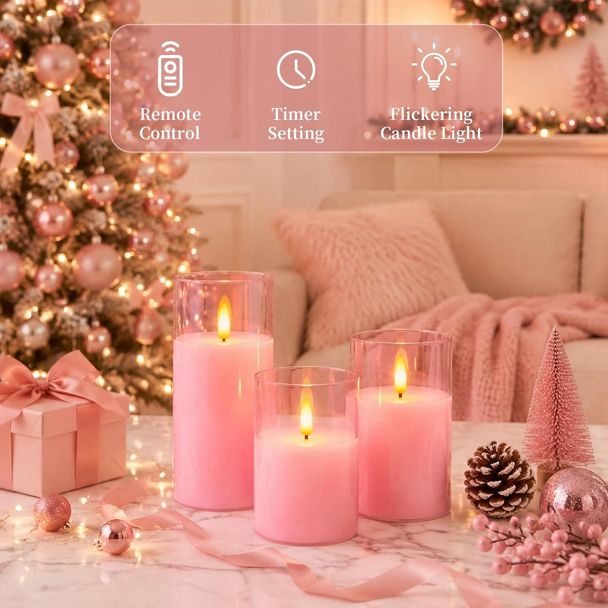 Amagic Pink Glass Flameless LED Candles Battery Operated with Remote Timer