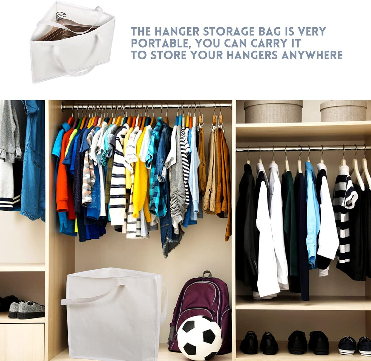 Foldable Triangle Hanger Bag with Handles, Space Saving Organisers Tidy Storage in Closets, 18" x 13" x 13.2", White, Cotton, Linen