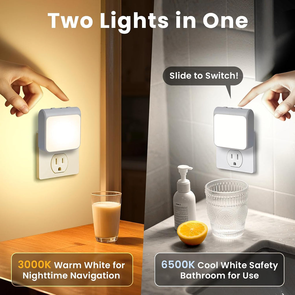 Dimmable LED Night Lights Plug into Wall with Dusk to Dawn Sensor, 2 Color in 1 Plug in Night Light 30-60lm Brightness Adjustable, Auto-On/Off Nightlight for Bedroom, Kitchen, Bathroom, Hallway 2-Pack
