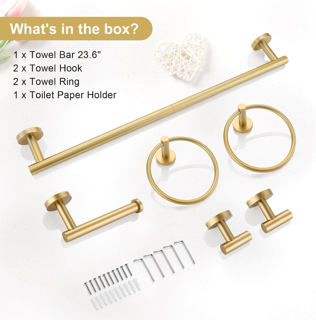 TQKAG Brushed Gold Bathroom Hardware Set 6-Piece Bathroom Accessory Set 23.6 Inch Round Stainless Steel Towel Bar Set Wall Mounted