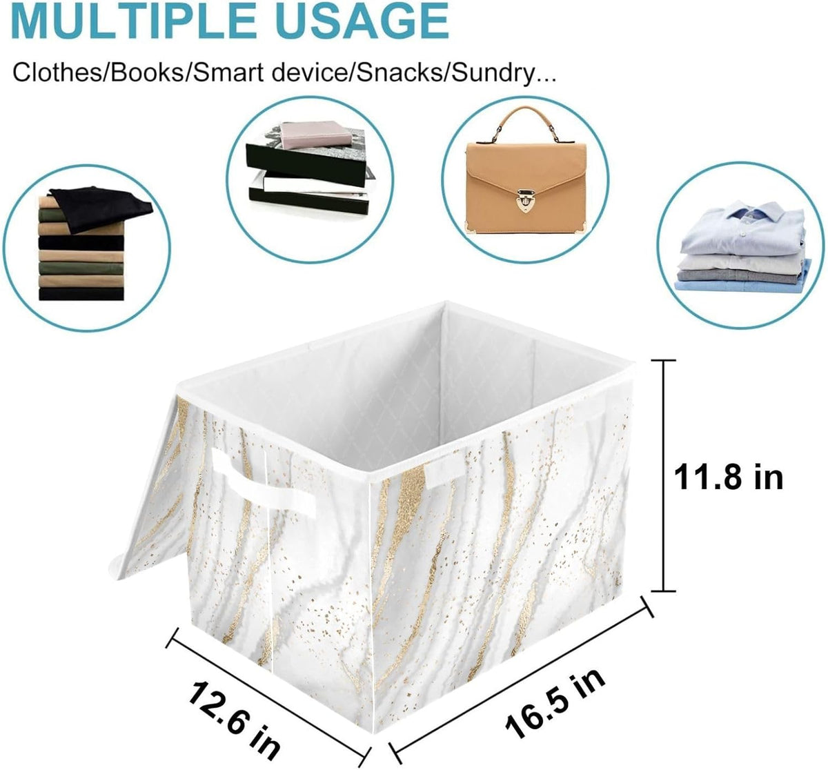 CaTaKu Large Fabric Storage Bins With Lids, Gold White Marble Storage Boxes With Handles for Organizing Clothes, Collapsible Storage Cube Bins Baskets for Shelves