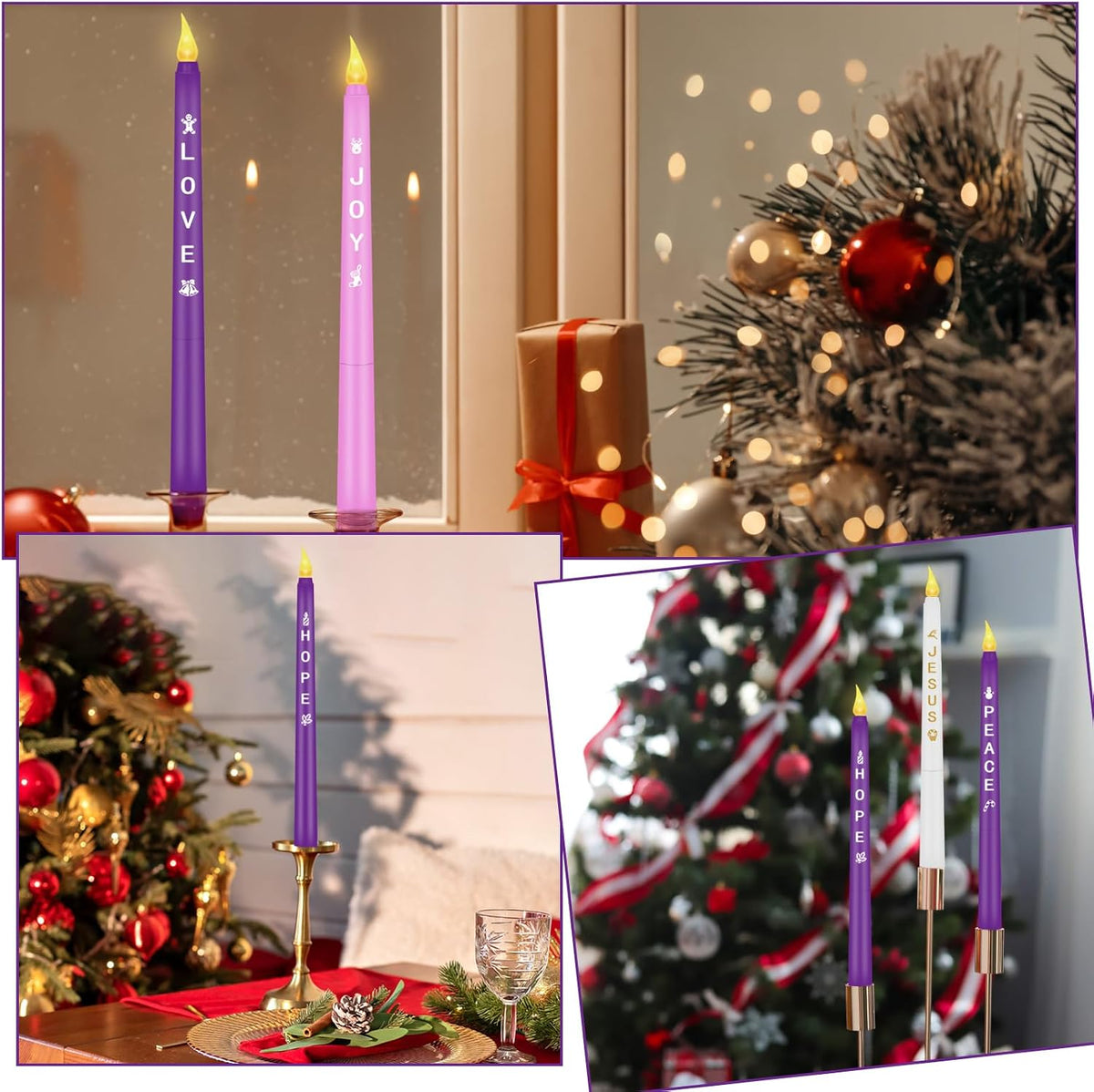 RGQSUN LEDs Flameless Advent Candles Sets of 5 Christmas Advent Candles Battery Operated Flickering Flameless Taper Candle for Christmas Wreath Advent Decor(Battery is not Included)
