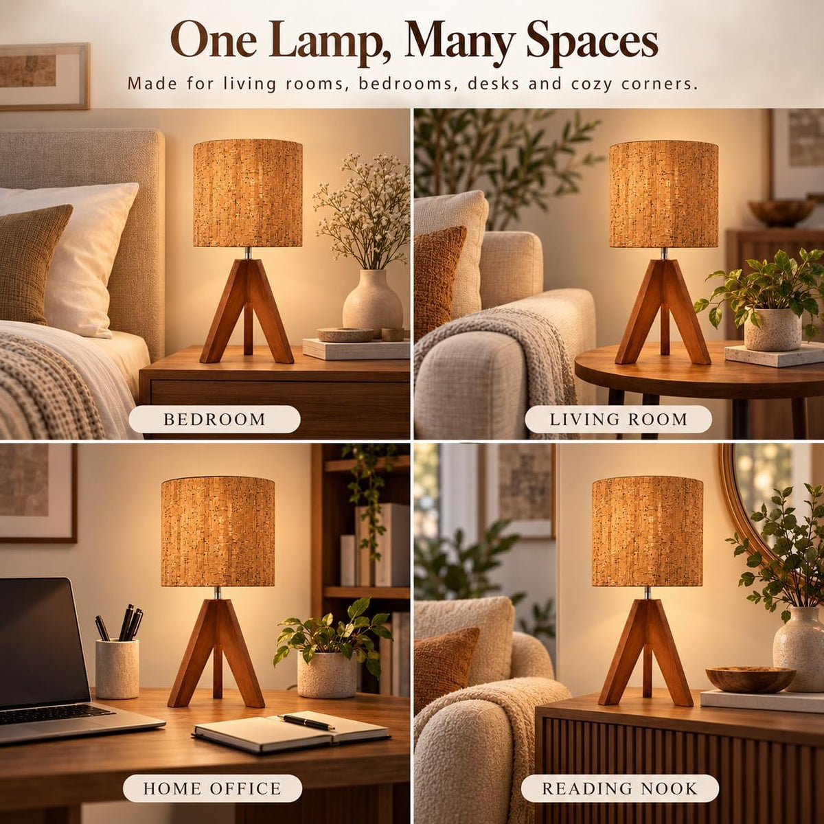 Natural Wood Tripod Table Lamp for Bedroom Nightstand