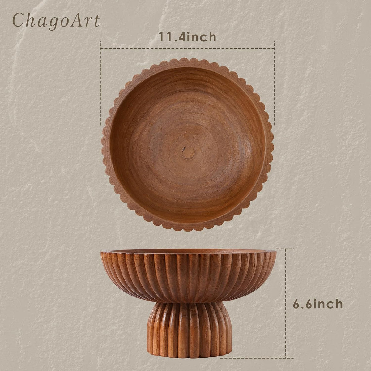 ChagoArt Wooden Fruit Bowl for Kitchen Counter- Large Decorative Bowl for Home Decor Entry Table-Ruffle Fluted Bowl-Scallopedl-Organic Modern Home Decor-Pedestal Footed (Wood Brown)
