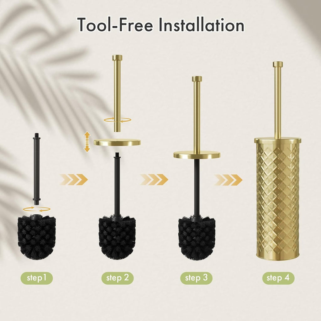 Toilet Bowl Brush and Holder Set 2 Pack with 4 Extra Brush Heads (Gold)