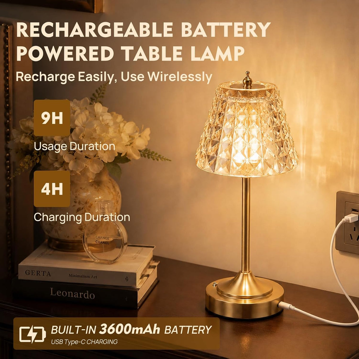 Flower Battery Operated Rechargeable Lamp Cordless, Rhombic, Amber