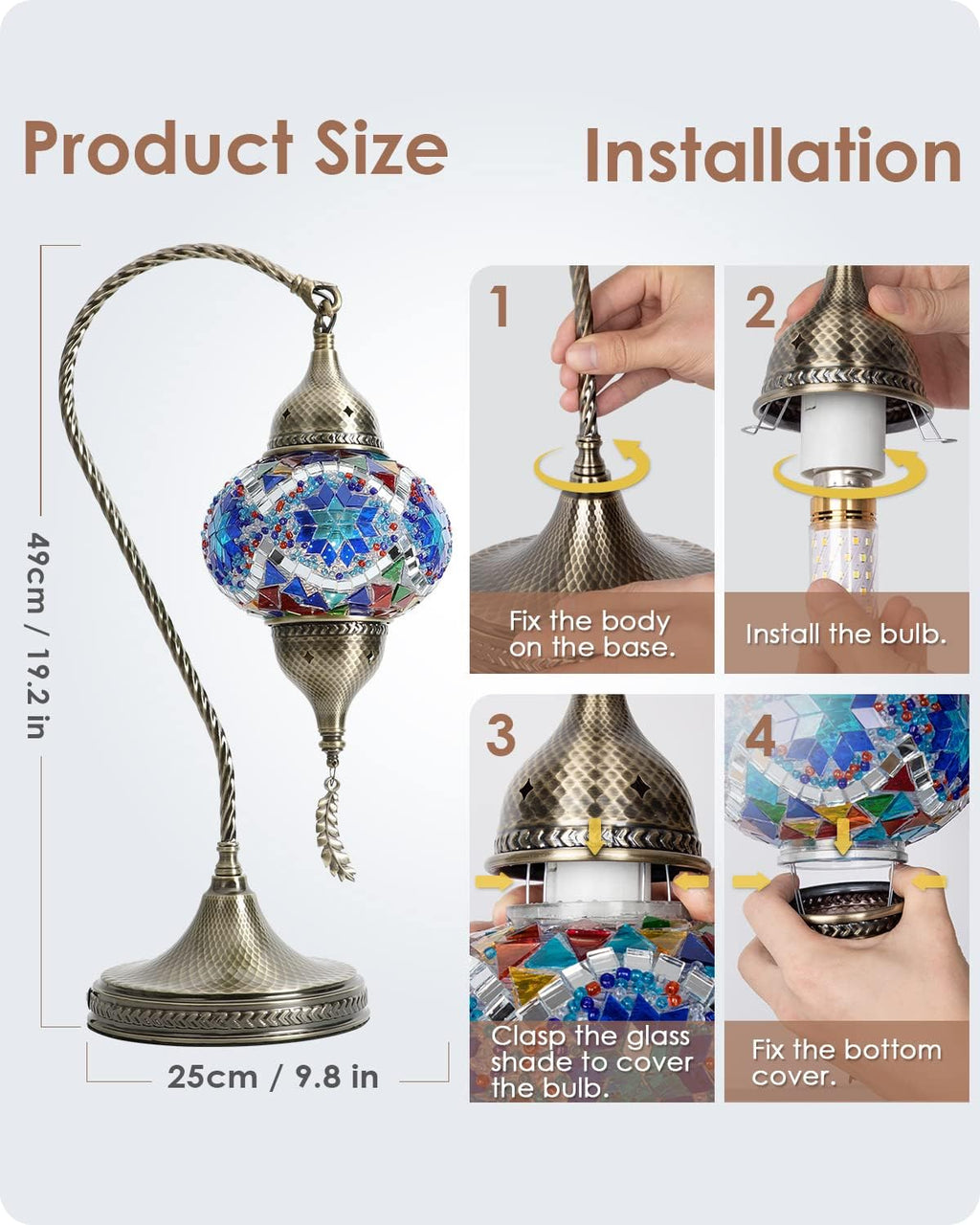 Yarra-Decor Turkish Moroccan Mosaic Table Lamp with Bronze Base - 3 Color Options Handmade Swan Neck Tiffany Mosaic Glass Bedside Lamps for Bedroom, 19" Blue1(LED Bulb Included)