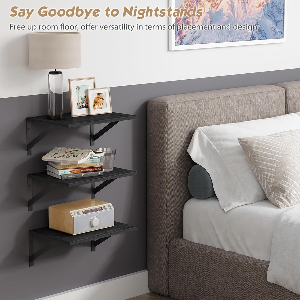 Forbena 12 Inch Deep Floating Shelves for Wall, Wide Black Wall Mounted Shelves for Bedroom Office Books Plants, Large Hanging Shelf for Living Room Bathroom Kitchen Closet Pantry Storage (3-Pack)