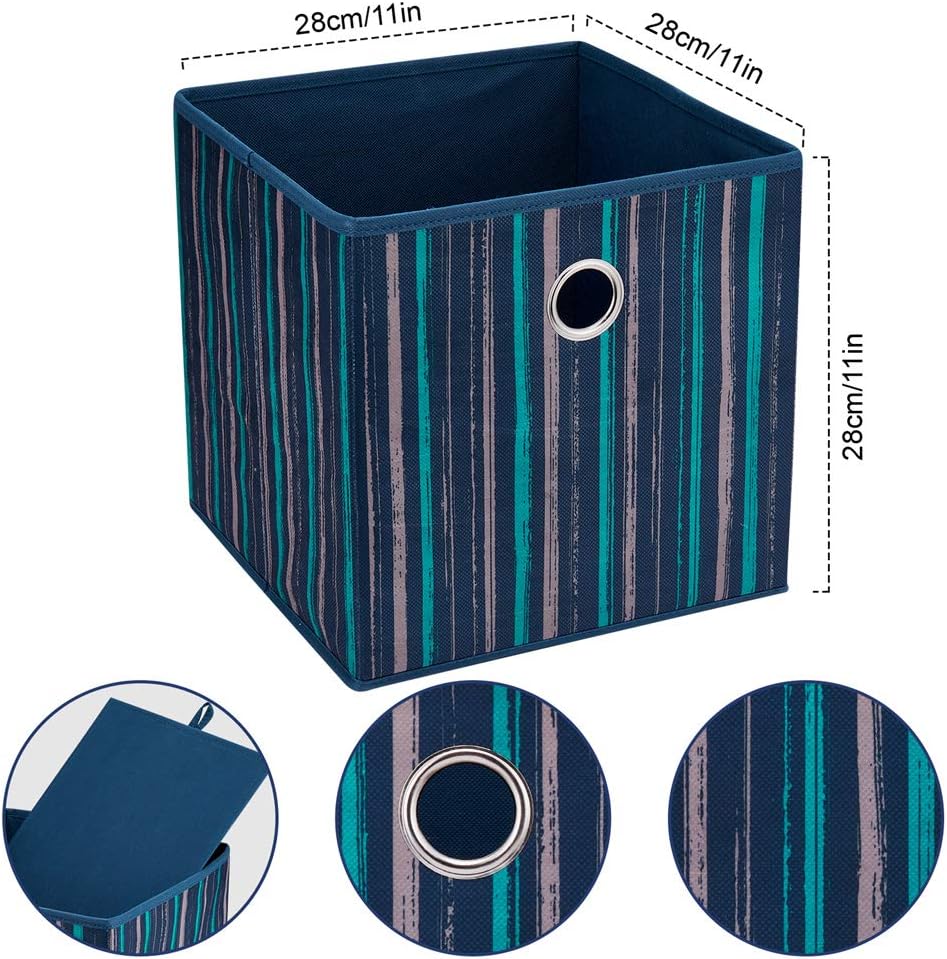 11x11x11 Inch 3 Pack Cube Storage Bins, Blue Fabric Storage Cubes with Teal & Khaki Vertical Gradient Stripes, Collapsible Cloth Storage Bins for Shelves Closet Cubbies