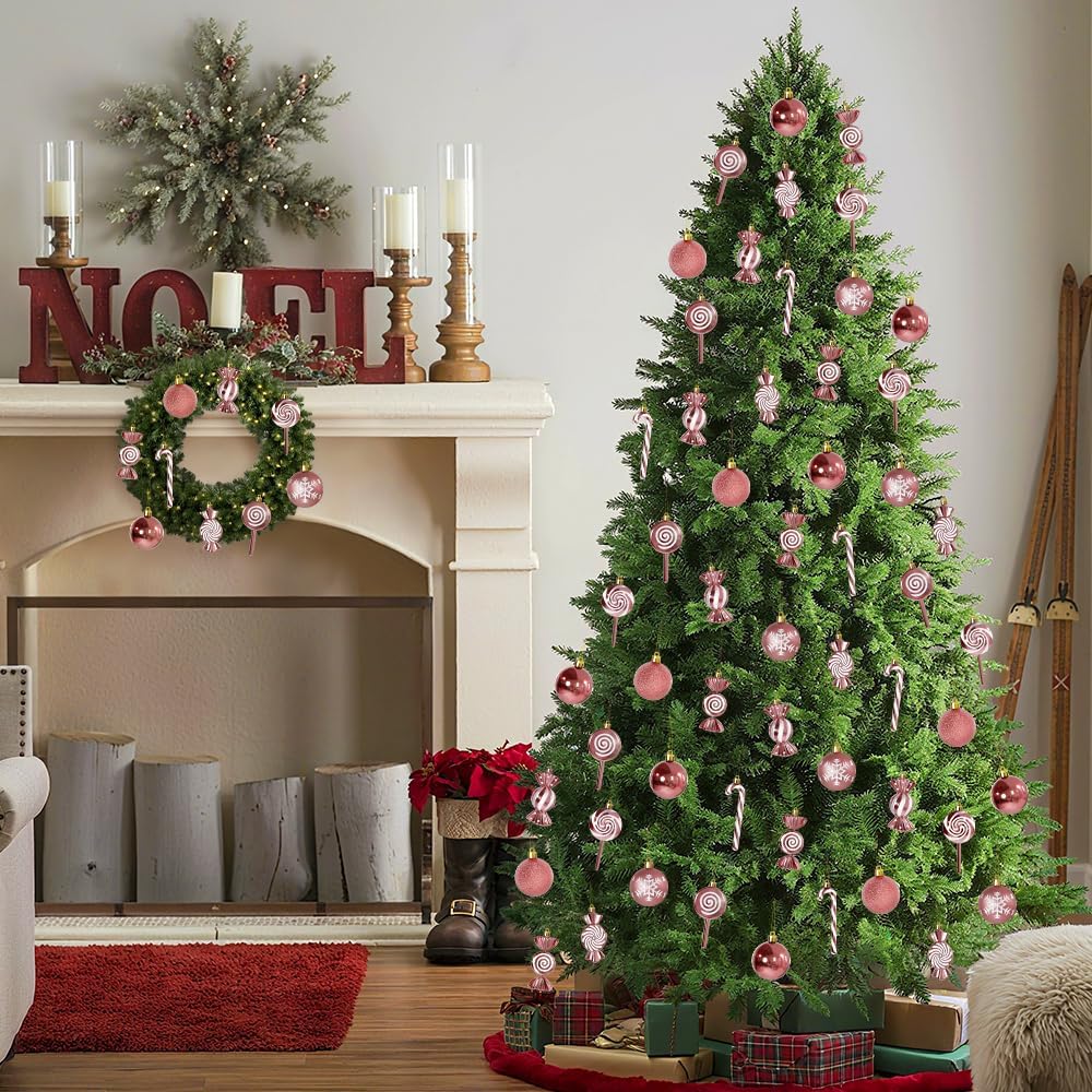 36 Pcs Christmas Ornaments, MOYEE Shatterproof Plastic Christmas Ornaments for Tree - Candy Cane Christmas Decorations Candies Christmas Ball Ornaments (Rose Gold)