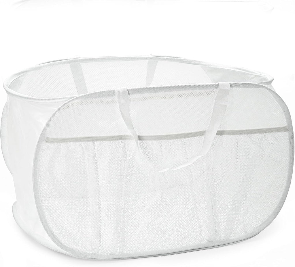 Collapsible Laundry Baskets, Upgrade Pop Up Laundry Hamper with Convenient Bags, Foldable Laundry Basket Mesh Light Weight, Easy to Carry Clothes Hampers for Laundry, Dorm, Toys, Travel White