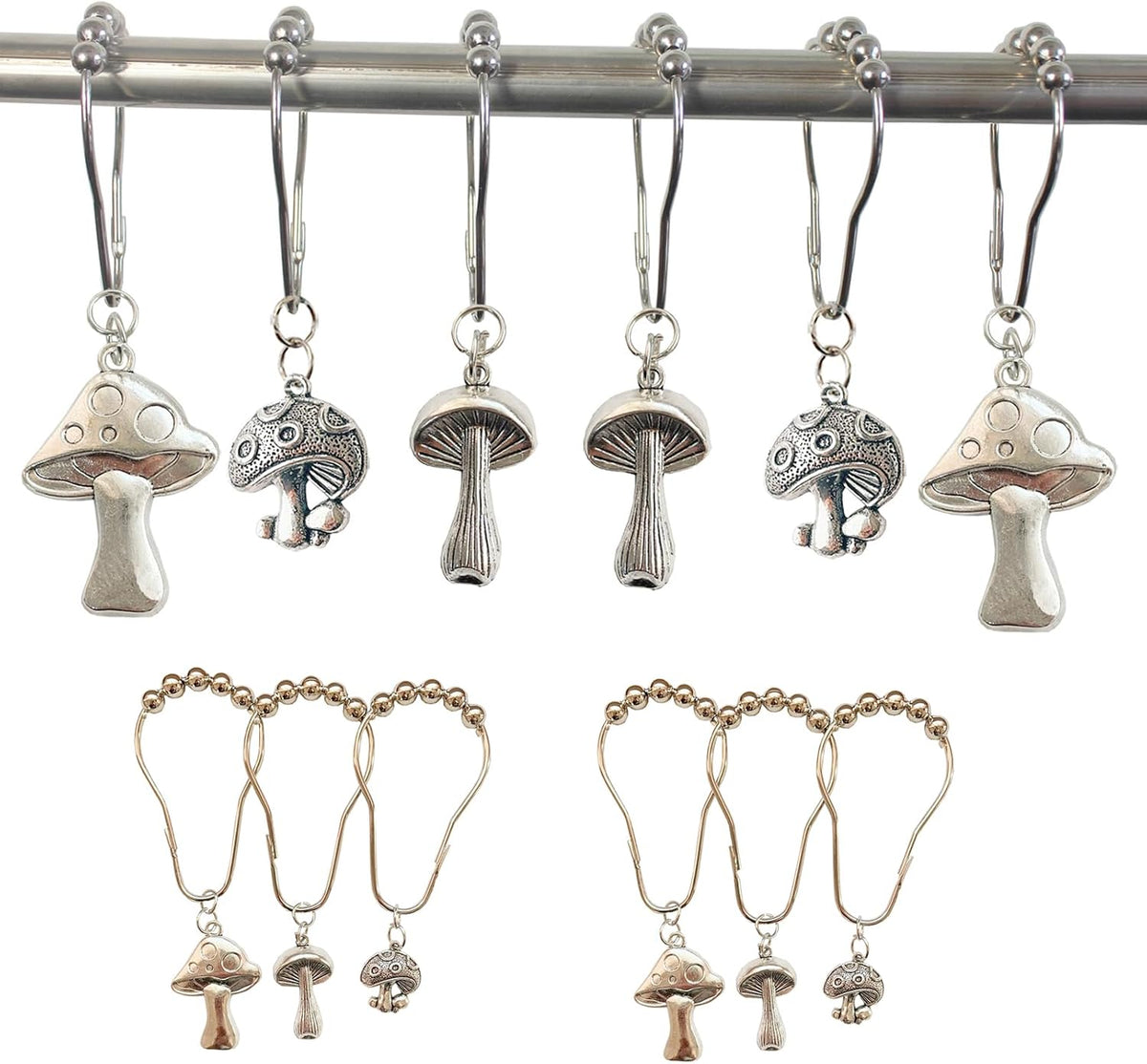 Mushroom Shower Curtain Hooks, 12Pcs Rustproof Metal Cute Retro Mushroom Shower Curtain Hooks Rings for Boho Fairy Forest Country Cottagecore Style Home Bathroom Decor (Silvery)