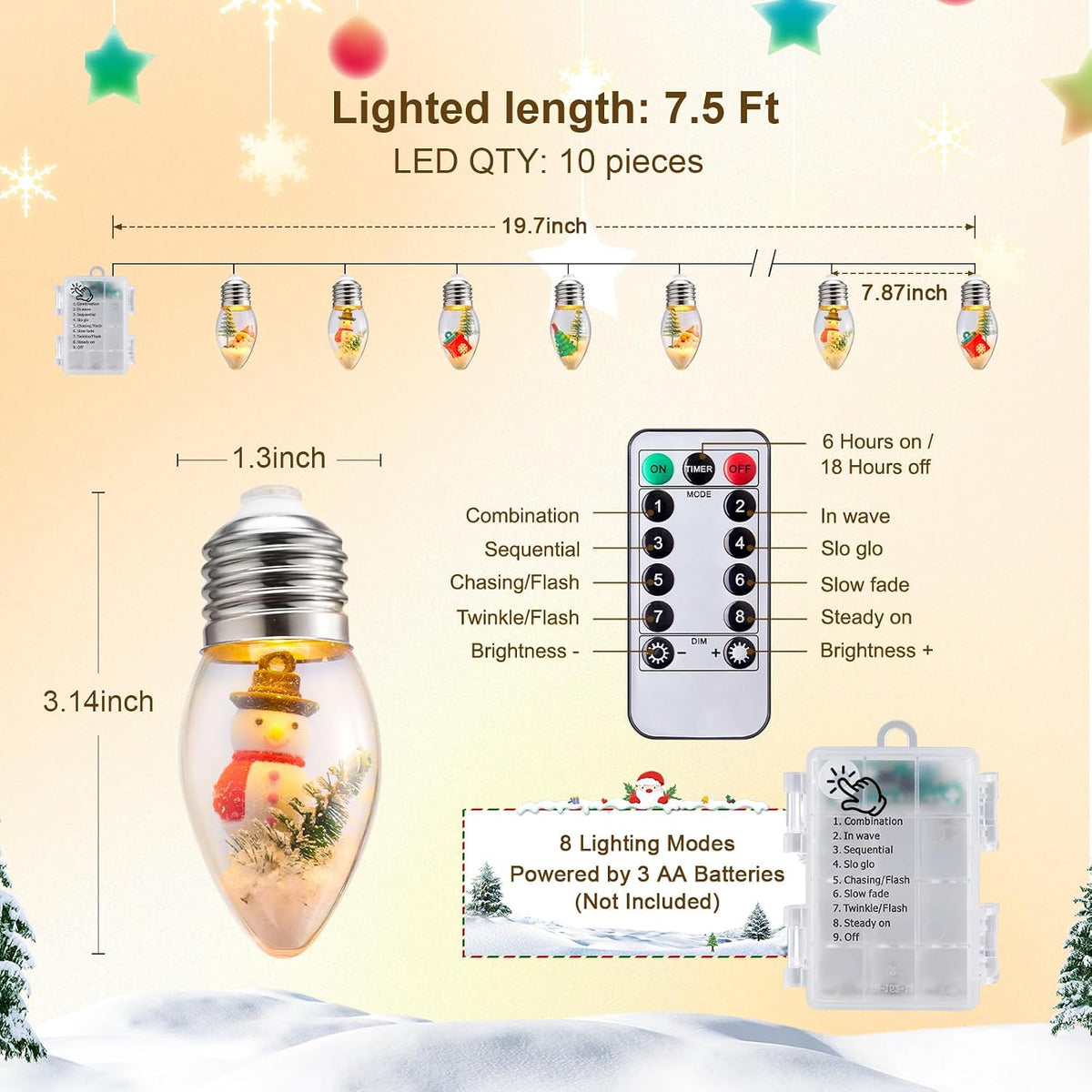 Vintage-Christmas-Lights-Indoor-String-Lights, 7.5Ft C9 Christmas Snow Globe String Lights with Tree & Snow & Cute Ornaments, Battery Operated Lights for Tree Garland Fireplace Xmas Decor