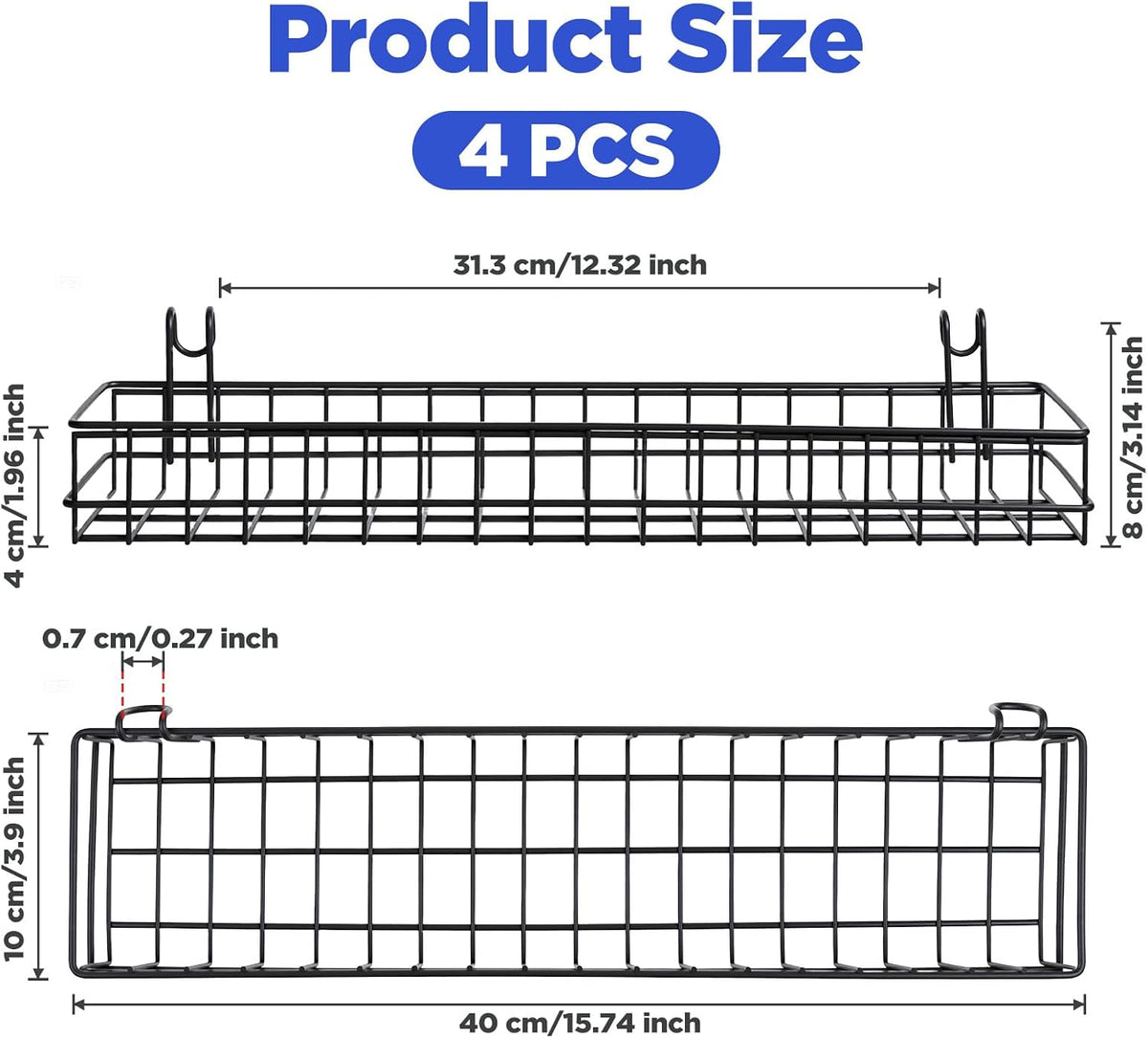 4 Pcs Black Metal Grid Wall Baskets with Hooks, Hanging Wire Storage Organizer Shelf for Kitchen Bathroom Office, 15.75 x 3.94 x 1.97 Inch