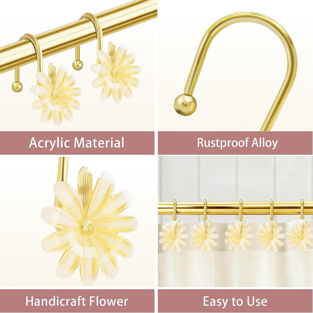 Shower Curtain Hooks, Rust Resistant Cute Daisy Metal Decorative Shower Rings Hangers Set of 12 for Bathroom Curtains,Clothing, Towels (Gold White)