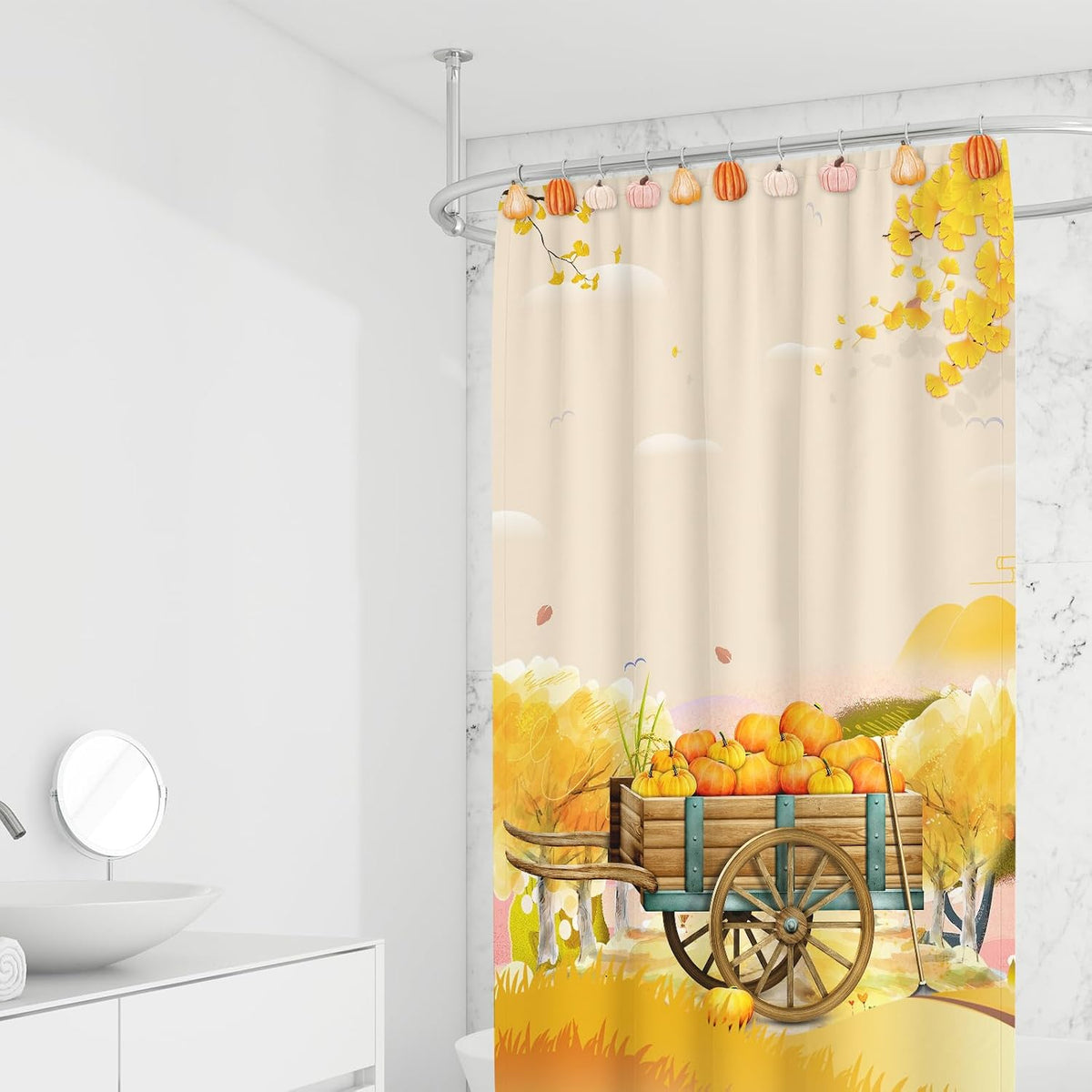 JarThenaAMCS 12 Pcs Fall Shower Curtain Hooks 4 Designs Pumpkin Curtain Rings Autumn Thanksgiving Decorative Hanger Hooks for Bedroom Bathroom Decor
