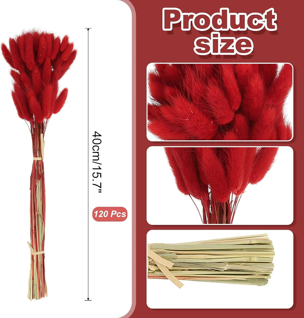 PATIKIL 15.7in Bunny Tails Dried Flowers, 120pcs Pampas Grass Decor Rabbit Tail Natural Pampas Grass Bulk Fluffy Faux Pampas Grass Dried for Home Boho Decor Vase Wedding Table, Red